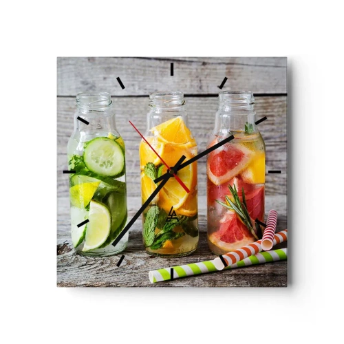 Wandklok, Klok Arttor 30x30 cm - Van nature gezond - Gastronomie, Fruit Drank, Fruit, Keuken, Citrus, Plein, Streepjes wijzerplaat, Naar de woonkamer, Naar de slaapkamer, Wit, Rood, C3AC30x30-3155
