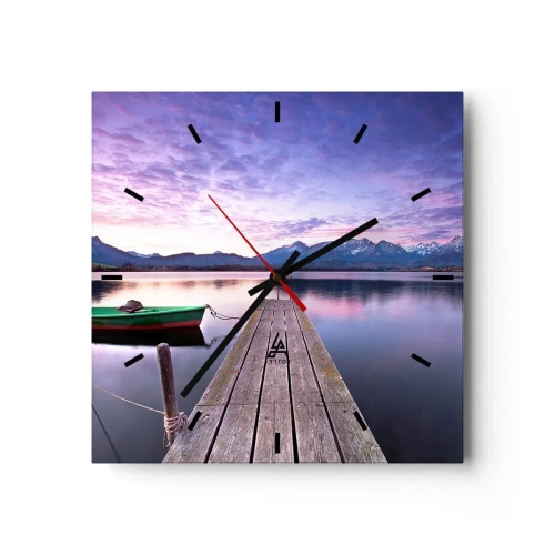Wandklok, Klok Arttor 30x30 cm - Vriendelijke stilte - Landschap, Meer, Houten Brug, Bergen, Boot, Plein, Streepjes wijzerplaat, Naar de woonkamer, Naar de slaapkamer, Blauw, Paars, C3AC30x30-3671