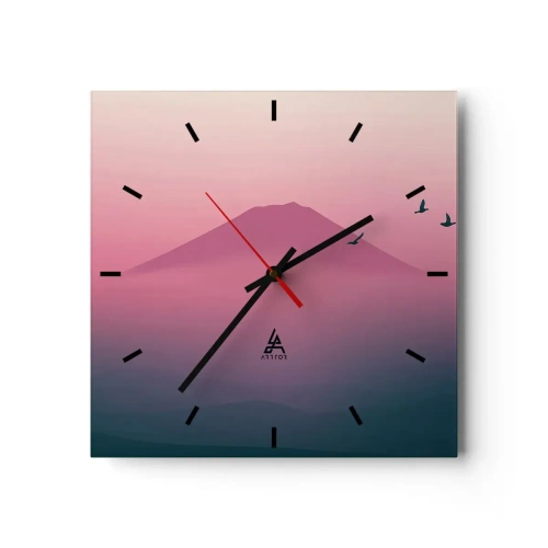 Wandklok, Klok Arttor 30x30 cm - Wandelaars boven de wolken - Abstractie, Landschap, Top Van De Berg, Mount Fuji, Japan, Plein, Streepjes wijzerplaat, Naar de woonkamer, Naar de slaapkamer, Roze, Paars, C3AC30x30-4124