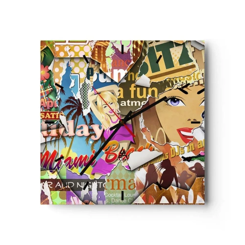 Wandklok, Klok Arttor 30x30 cm - Zomerse flashbacks - Graffiti, Muurschildering, Collage Schilderen, Miami, Illustratie, Plein, Streepjes wijzerplaat, Naar de woonkamer, Naar de slaapkamer, Wit, Bruin, C3AC30x30-3622