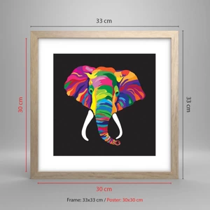 Een poster in een licht eiken lijst - De olifant die ervan hield om in de regenboog te baden - 30x30 cm