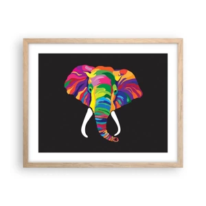 Een poster in een licht eiken lijst - De olifant die ervan hield om in de regenboog te baden - 50x40 cm