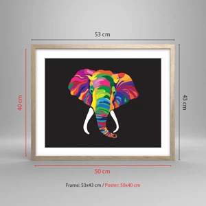 Een poster in een licht eiken lijst - De olifant die ervan hield om in de regenboog te baden - 50x40 cm