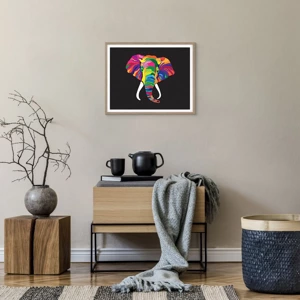 Een poster in een licht eiken lijst - De olifant die ervan hield om in de regenboog te baden - 50x40 cm