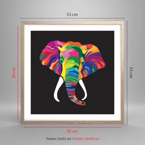 Een poster in een licht eiken lijst - De olifant die ervan hield om in de regenboog te baden - 50x50 cm