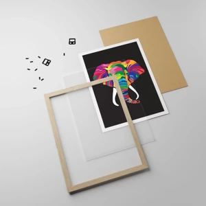 Een poster in een licht eiken lijst - De olifant die ervan hield om in de regenboog te baden - 50x70 cm