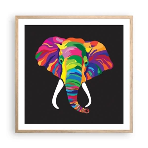 Een poster in een licht eiken lijst - De olifant die ervan hield om in de regenboog te baden - 60x60 cm