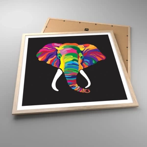 Een poster in een licht eiken lijst - De olifant die ervan hield om in de regenboog te baden - 60x60 cm