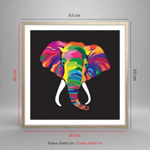 Een poster in een licht eiken lijst - De olifant die ervan hield om in de regenboog te baden - 60x60 cm