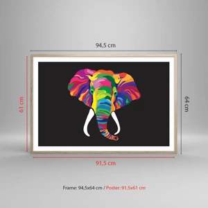 Een poster in een licht eiken lijst - De olifant die ervan hield om in de regenboog te baden - 91x61 cm