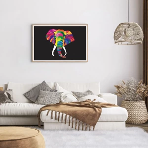 Een poster in een licht eiken lijst - De olifant die ervan hield om in de regenboog te baden - 91x61 cm