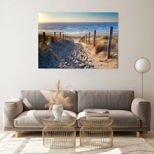 Schilderen op glas - Het geluid van de zee, het zingen van vogels, een wild strand tussen het gras... - 100x70 cm