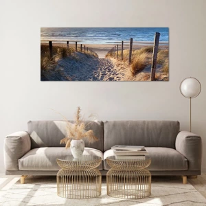 Schilderen op glas - Het geluid van de zee, het zingen van vogels, een wild strand tussen het gras... - 120x50 cm