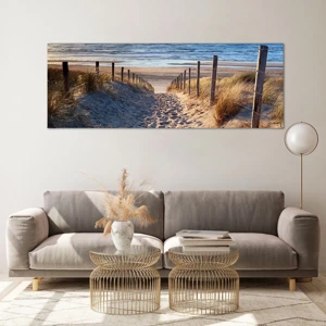 Schilderen op glas - Het geluid van de zee, het zingen van vogels, een wild strand tussen het gras... - 140x50 cm