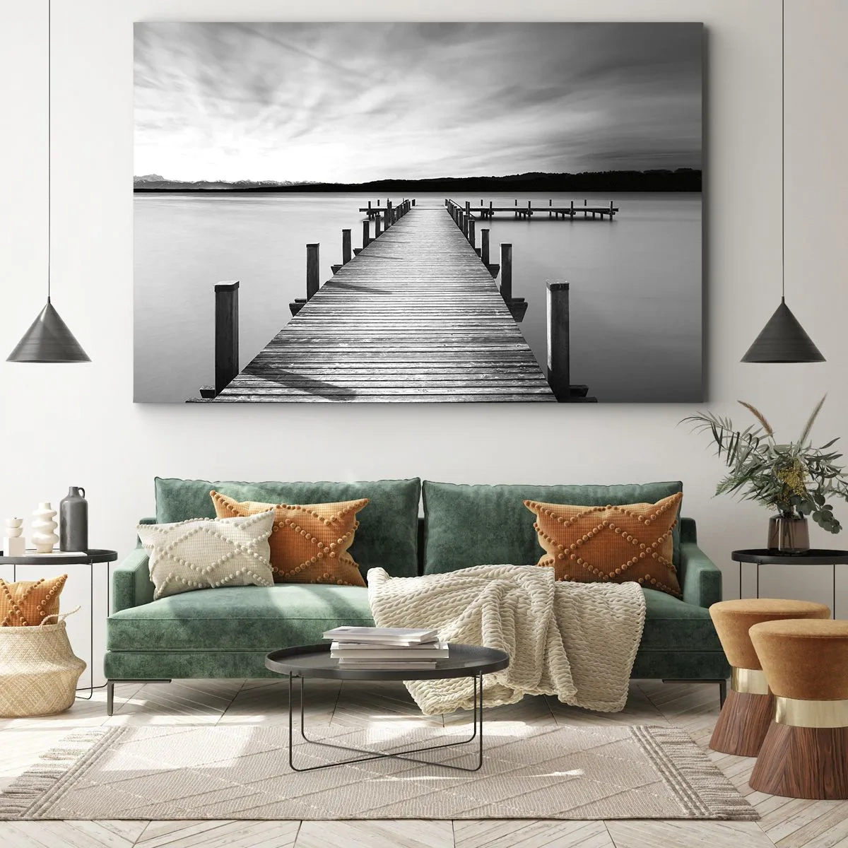 Schilderen op canvas - Een zwart-witte steiger op een kalm meer - 70x50cm - Bij de waterput - vrede - Moderne wanddecoratie voor woonkamer en slaapkamer ARTTOR