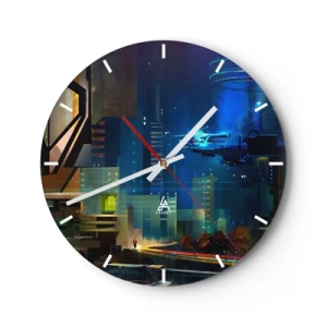 Wandklok - Klok - Futuristische stad 's nachts met neonlichten en voertuigen - 30x30cm - In de nabije toekomst - Moderne wanddecoratie voor woonkamer, keuken en slaapkamer ARTTOR