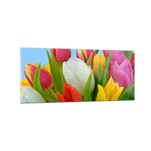 Schilderen op glas - Een bloemenregenboog in dauwdruppels - 120x50 cm