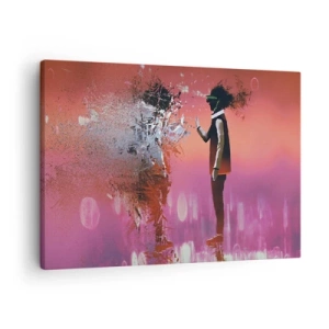 Schilderen op canvas - Een abstract tafereel met een futuristisch figuur en verspreide elementen. - 70x50cm - Kun je naar jezelf kijken? - Moderne wanddecoratie voor woonkamer en slaapkamer ARTTOR