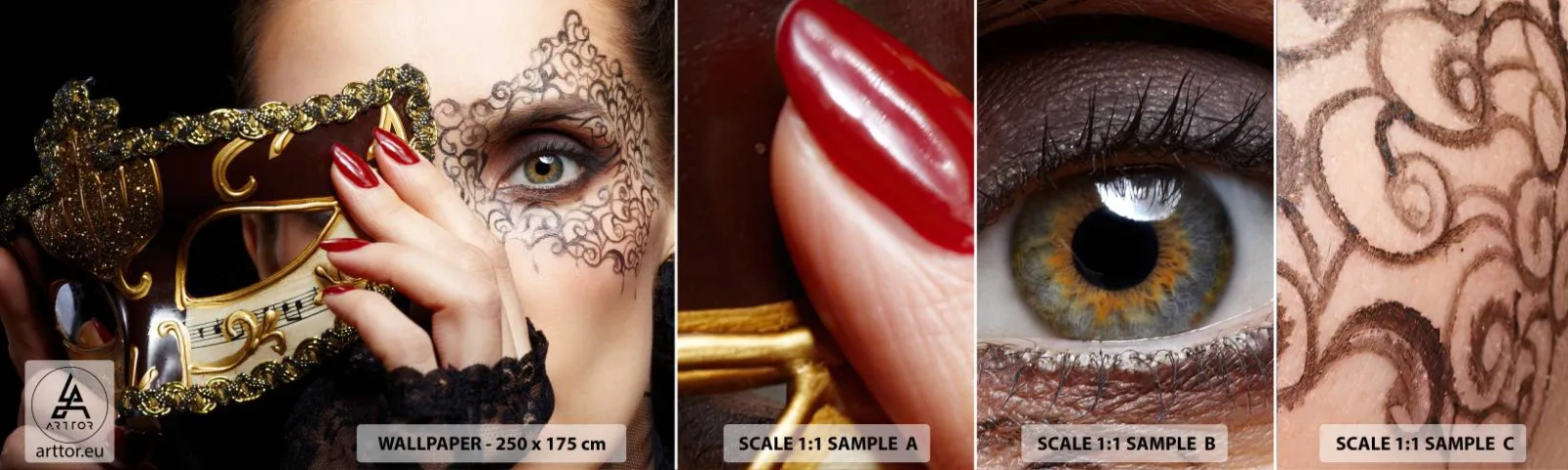 Fotobehang Monster Zelfklevend Deluxe Sticker - Mijn wereld is barok - Vrouw, Venetiaans masker, Bal - 100x30 cm