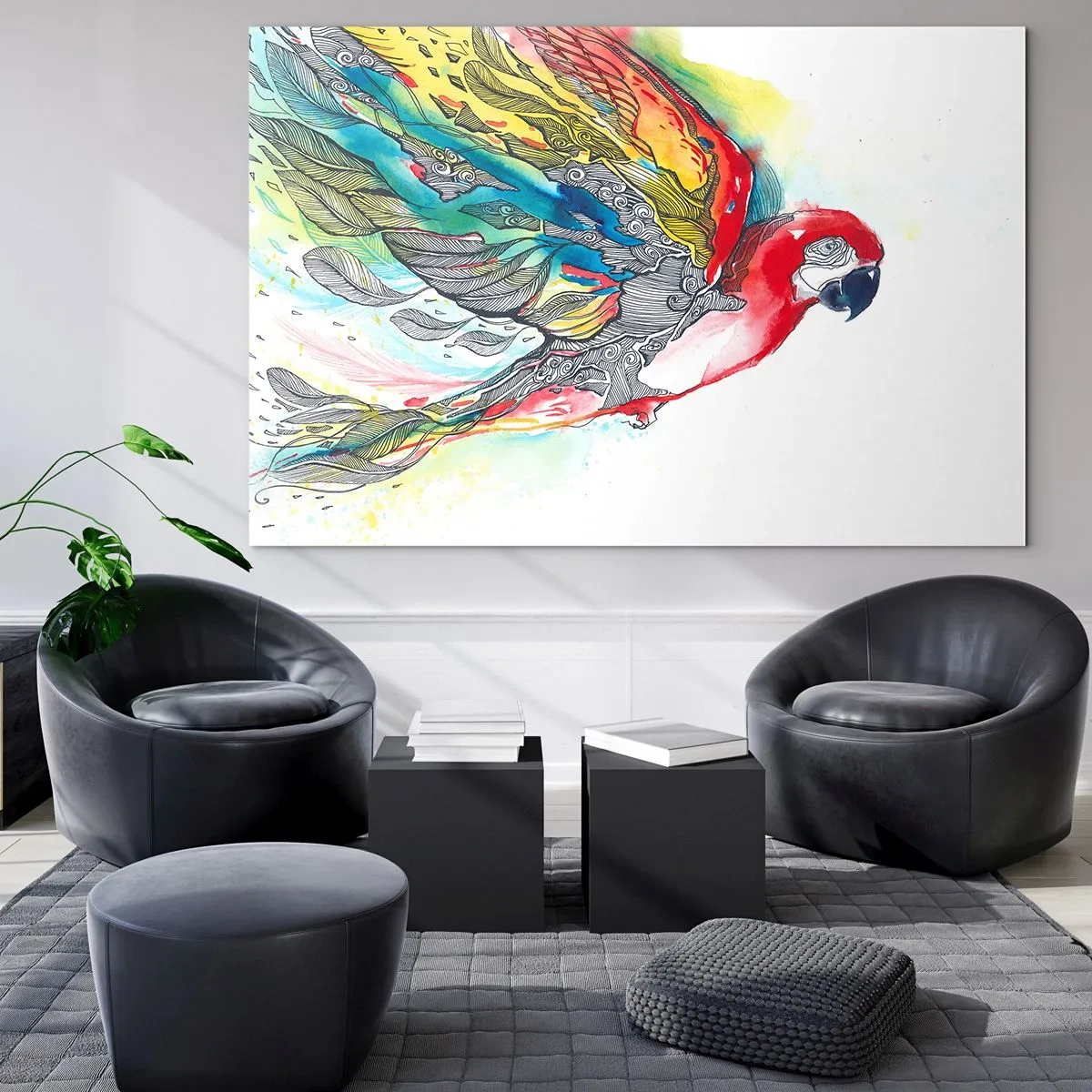 Schilderen op glas - Kleurrijke papegaai met artistieke vleugels en details - 70x50cm - Leef kleurrijk - Moderne wanddecoratie voor woonkamer en slaapkamer ARTTOR