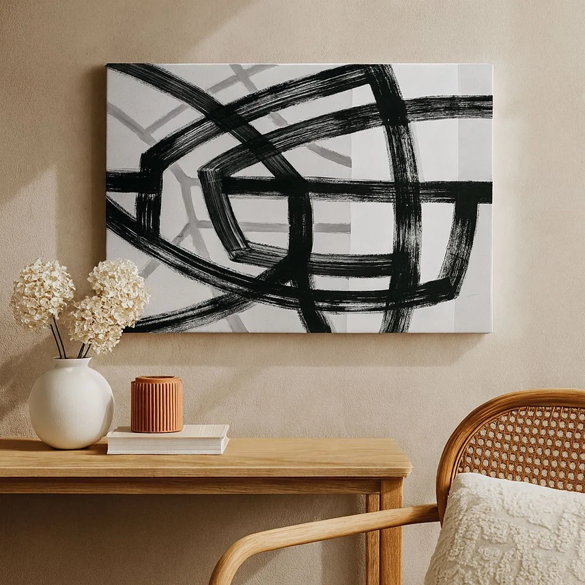 Schilderen op canvas - Zwart-witte abstracte lijnen die elkaar kruisen op een lichte achtergrond - 70x50cm - Diepte opbouwen - Moderne wanddecoratie voor woonkamer en slaapkamer ARTTOR