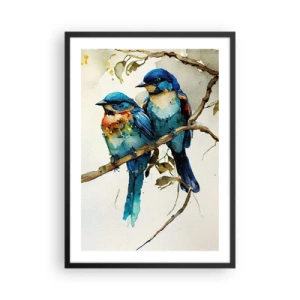 Poster in een zwarte lijst - Aquarelvogels op een tak in tinten blauw en bruin - 50x70cm - Is hij boos geworden? - Moderne wanddecoratie voor woonkamer en slaapkamer ARTTOR