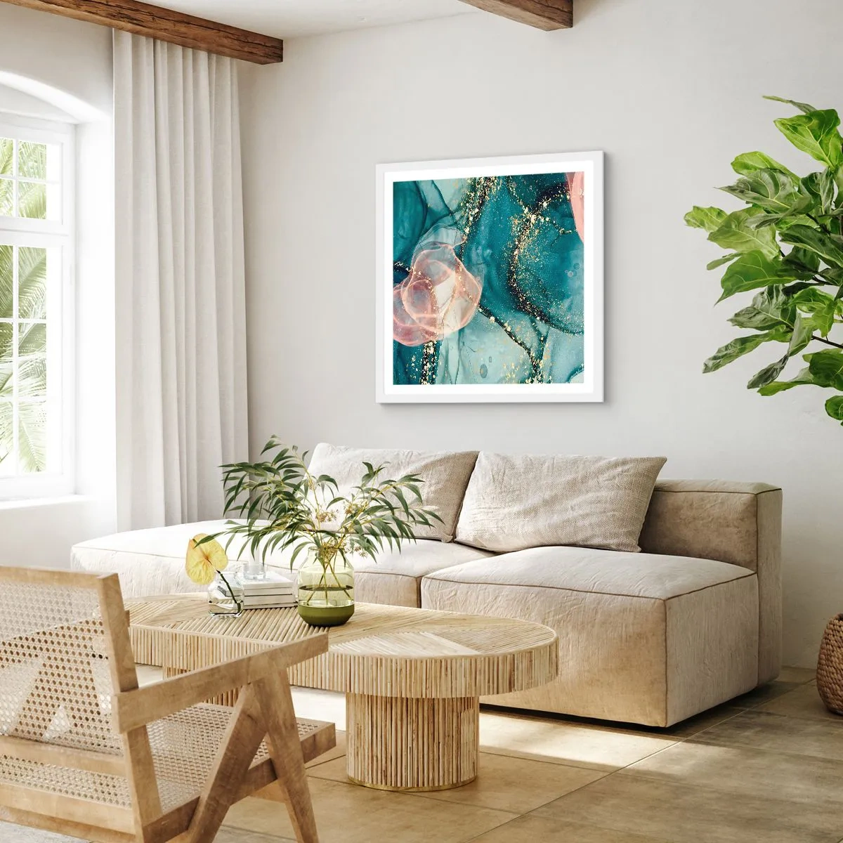 Poster in een witte lijst - Zijdeblauw, tule roze - 40x40 cm