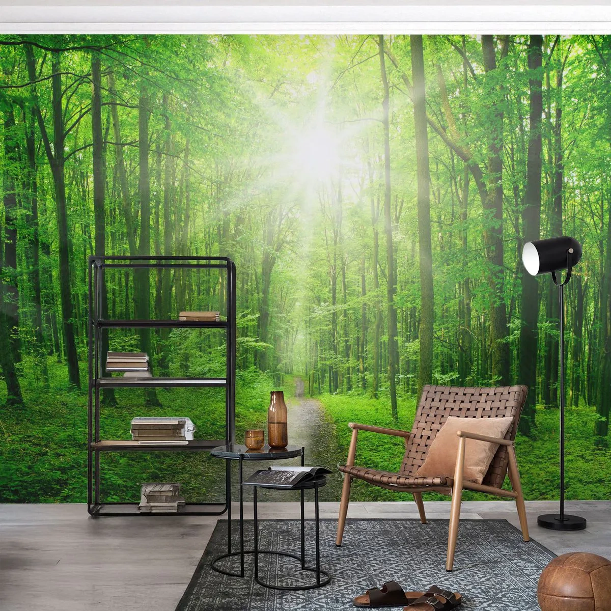 Fotobehang Premium Sand - De groene kathedraal - Landschap, Woud, Stralen van de zon - 450x315 cm