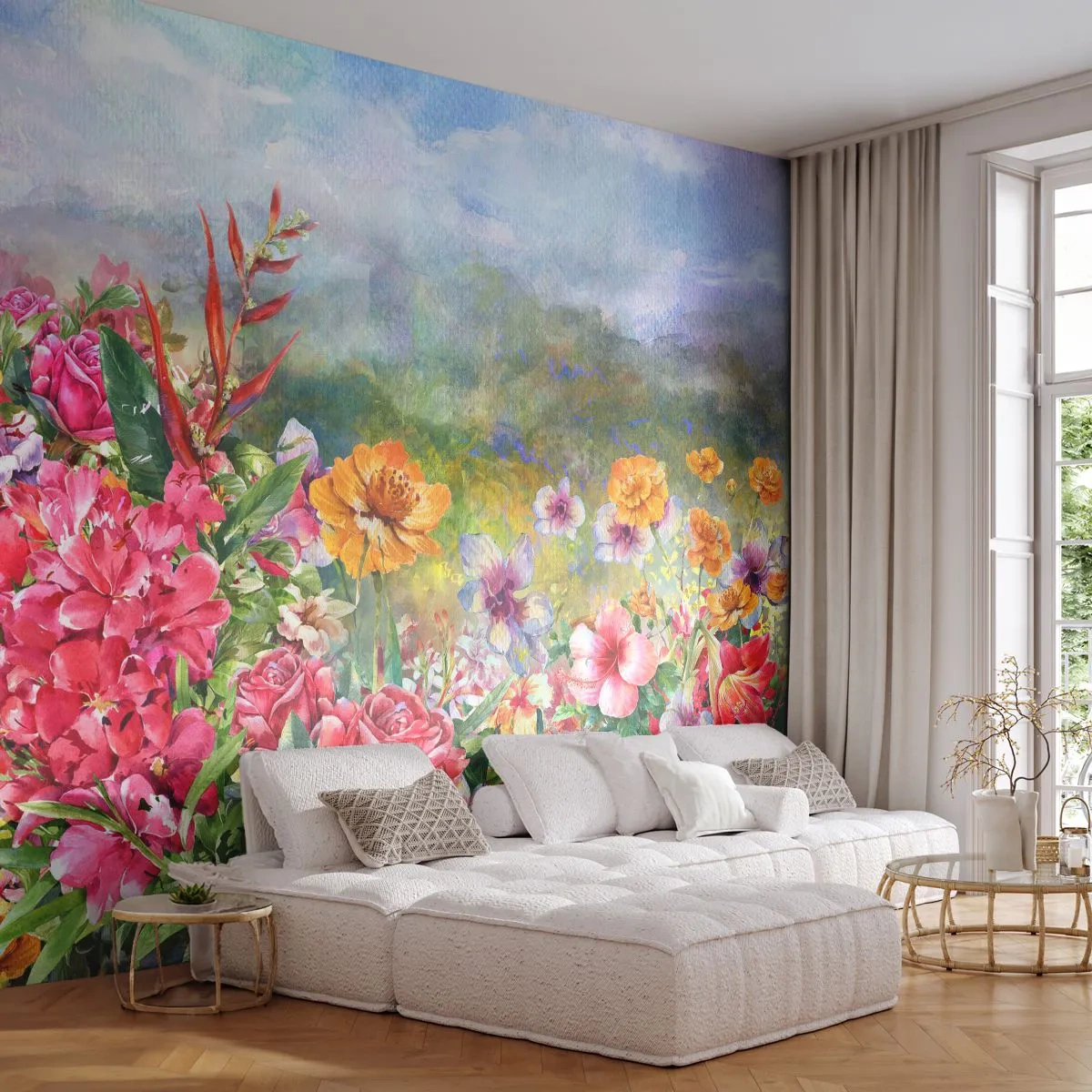 Fotobehang Premium Sand - Een tuin die gek is geworden - Bloemen, Tuin, Natuur - 100x70 cm