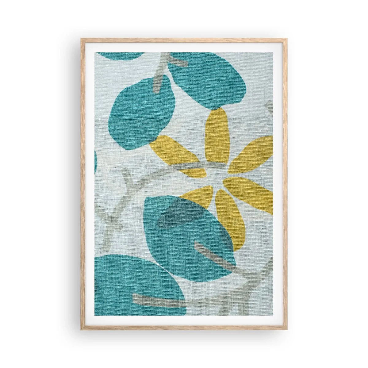 Een poster in een licht eiken lijst - Tussen de azuurblauwe bladeren - 70x100 cm