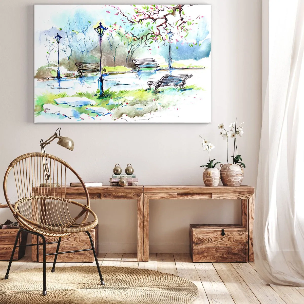 Schilderen op canvas - Aquarel parklandschap met bankjes en lampen - 70x50cm - De charme van de stilte van het park - Moderne wanddecoratie voor woonkamer en slaapkamer ARTTOR