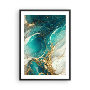 Poster in een zwarte lijst - Turquoise abstractie met gouden accenten - 50x70cm - Compositie met goudaders - Moderne wanddecoratie voor woonkamer en slaapkamer ARTTOR