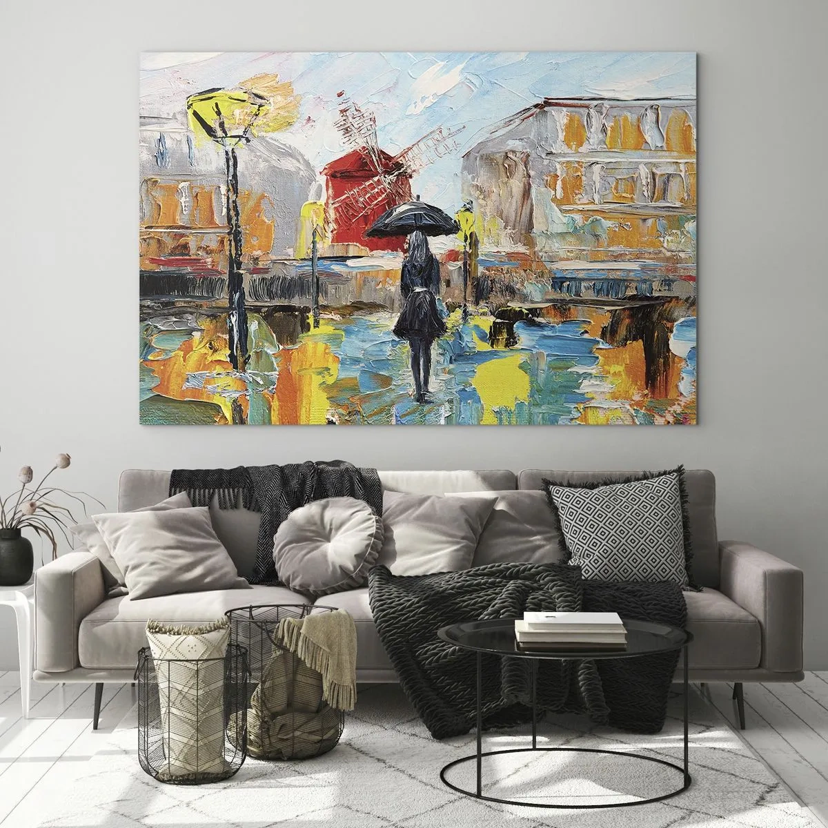 Schilderen op glas - Een vrouw met een paraplu tegen een stadsachtergrond in de stijl van het impressionisme - 70x50cm - Parijse legendes - Moderne wanddecoratie voor woonkamer en slaapkamer ARTTOR