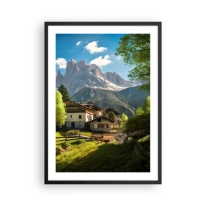 Poster in een zwarte lijst - Een bergdorp aan de voet van majestueuze bergtoppen - 50x70cm - Alpine idylle - Moderne wanddecoratie voor woonkamer en slaapkamer ARTTOR