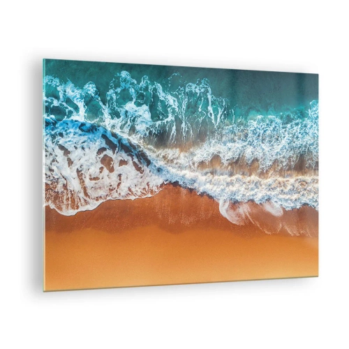 Schilderen op glas - Een vogelperspectief van oceaan golven die tegen de kust beuken - 70x50cm - Altijd hand in hand - Moderne wanddecoratie voor woonkamer en slaapkamer ARTTOR