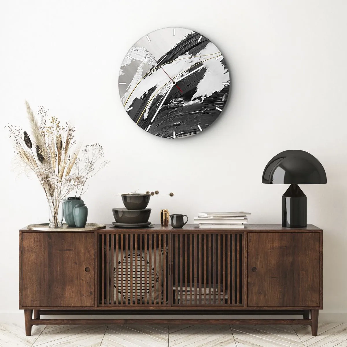 Wandklok - Klok - Dynamische penseelstreken in zwart, wit en grijs - 30x30cm - Abstractie op grote schaal - Moderne wanddecoratie voor woonkamer, keuken en slaapkamer ARTTOR