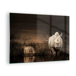 Schilderen op glas - Neushoorn tegen de ondergaande zon - 70x50cm - Wit tegen de natuur - Moderne wanddecoratie voor woonkamer en slaapkamer ARTTOR