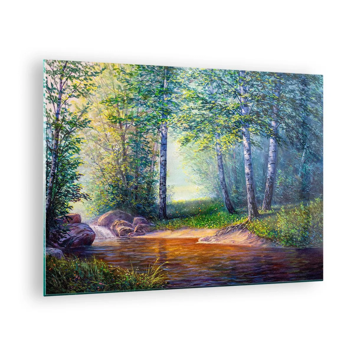 Schilderen op glas - Een bosbeek omgeven door bomen in de zonnestralen - 70x50cm - Idyllisch landschap - Moderne wanddecoratie voor woonkamer en slaapkamer ARTTOR