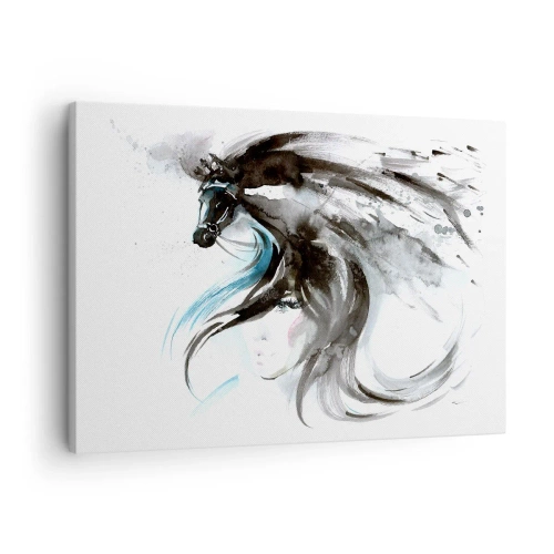 Schilderen op canvas - Een vrouw en een paard in een mystieke aquarel vol dynamiek - 70x50cm - Galop van de Zwarte Prins - Moderne wanddecoratie voor woonkamer en slaapkamer ARTTOR