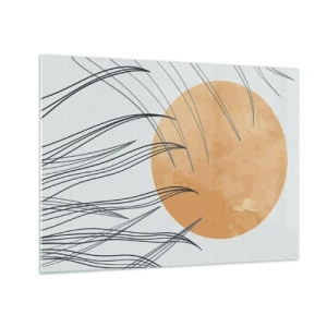 Schilderen op glas - Oranje zon met dynamische lijnen op een lichte achtergrond - 70x50cm - Altijd naar de zon - Moderne wanddecoratie voor woonkamer en slaapkamer ARTTOR