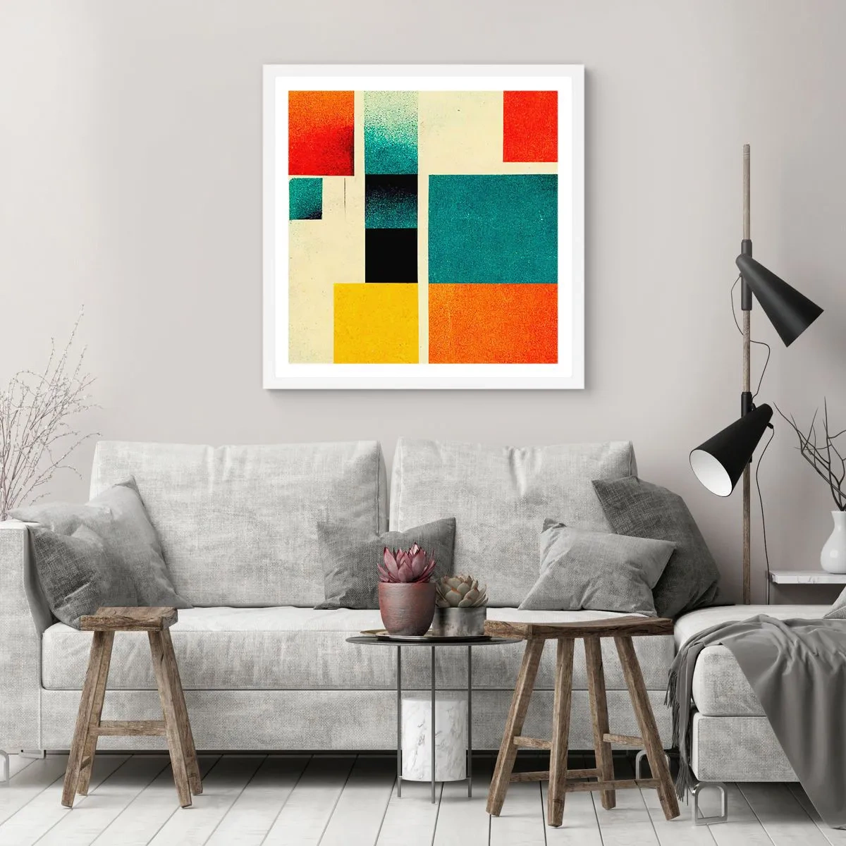 Poster in een witte lijst - Geometrische abstractie – goede energie - 60x60 cm