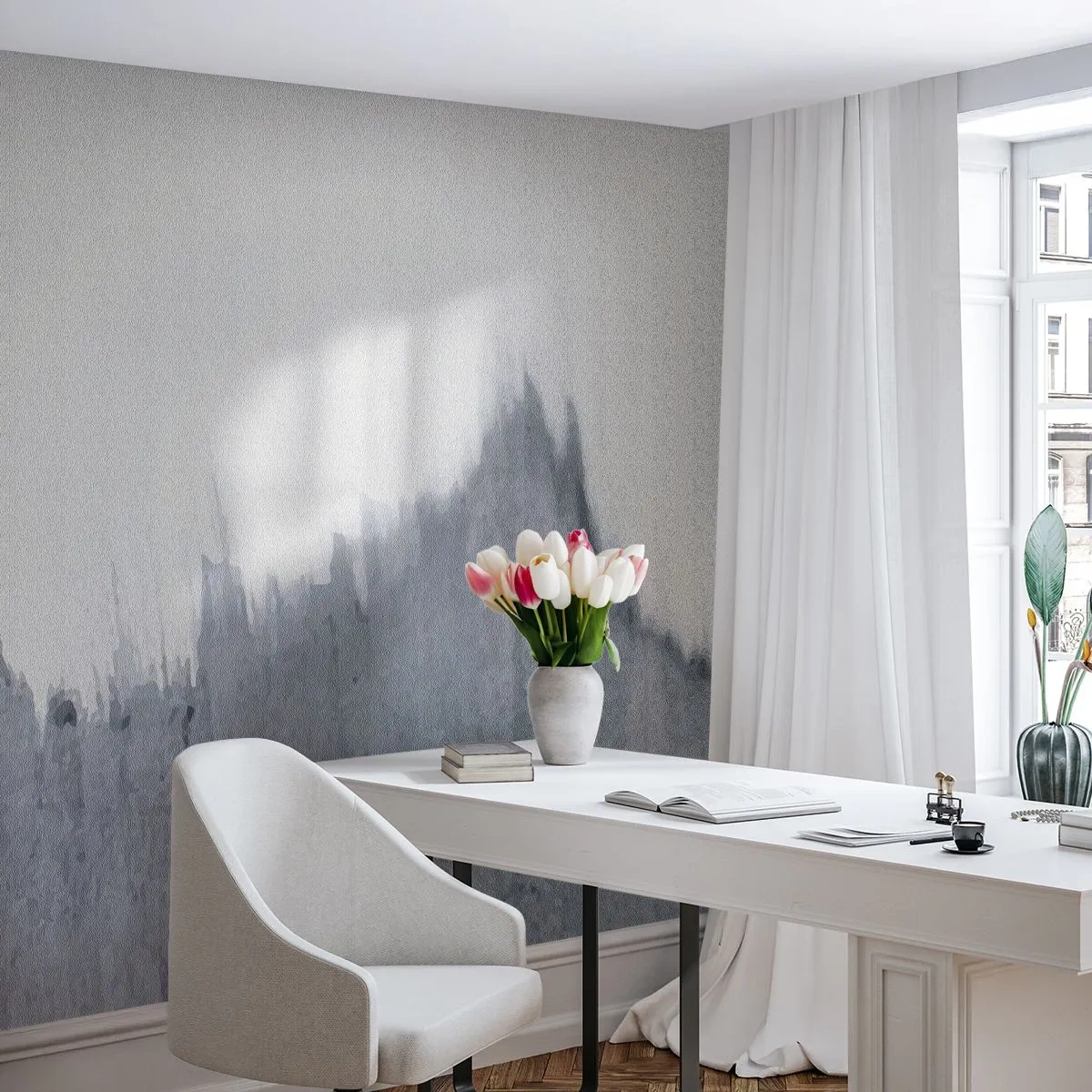 Fotobehang Standard Eco - Een grijze abstractie die lijkt op een berglandschap - 100x70cm - Mysterieuze tekst - Moderne wanddecoratie voor woonkamer en slaapkamer ARTTOR