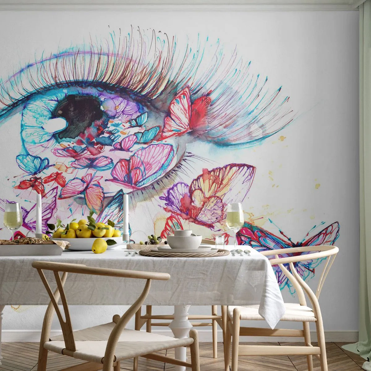 Fotobehang Standard Eco - Sprookjesachtige ogen charme - Het oog van de vrouw, Vlinder, Abstractie - 500x350 cm