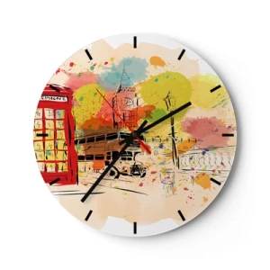 Wandklok - Klok - Een kleurrijke schets van de stad met Big Ben en een rode bus. - 30x30cm - De stad van de afwisseling - Moderne wanddecoratie voor woonkamer, keuken en slaapkamer ARTTOR