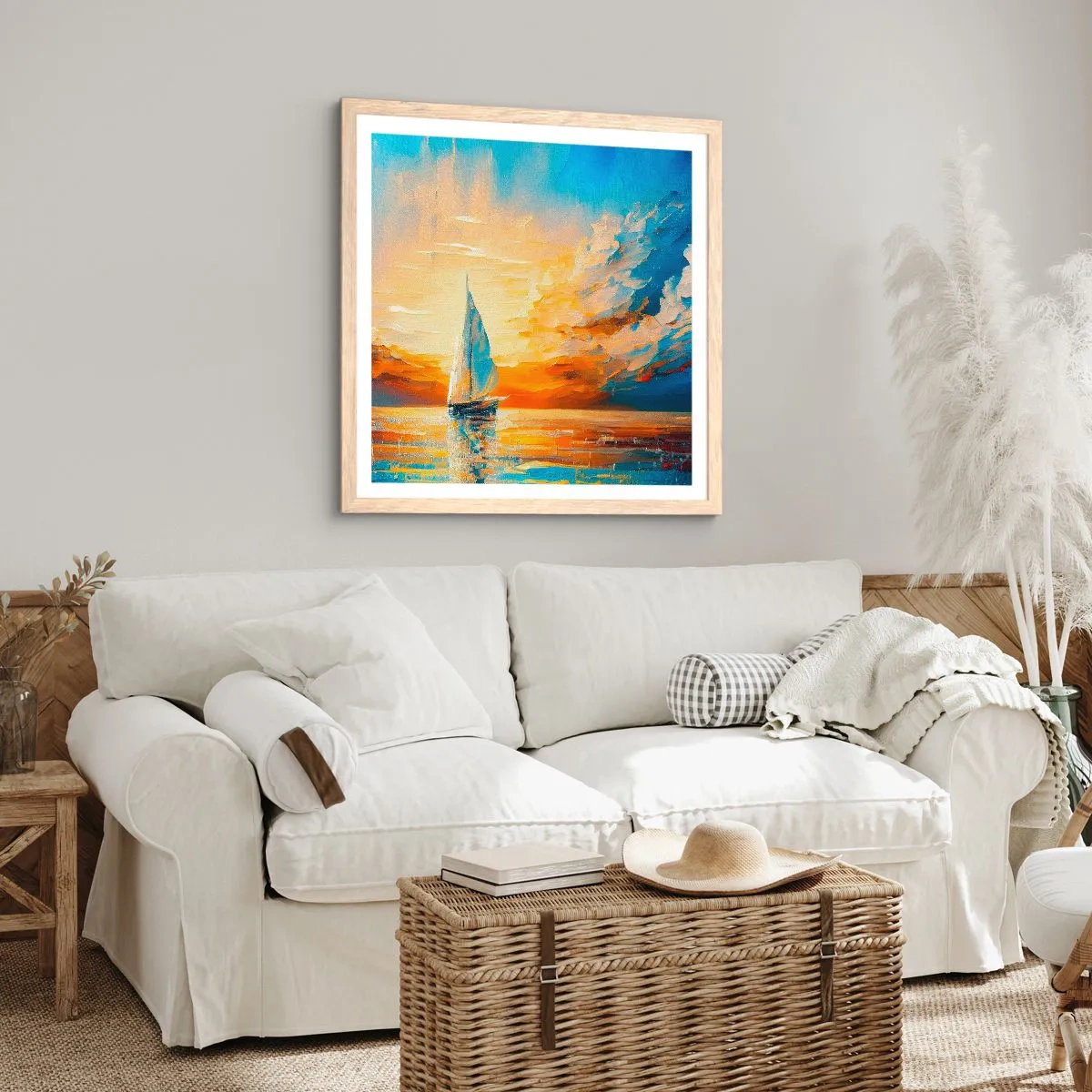 Een poster in een licht eiken lijst - Zeilen in goud - 60x60 cm