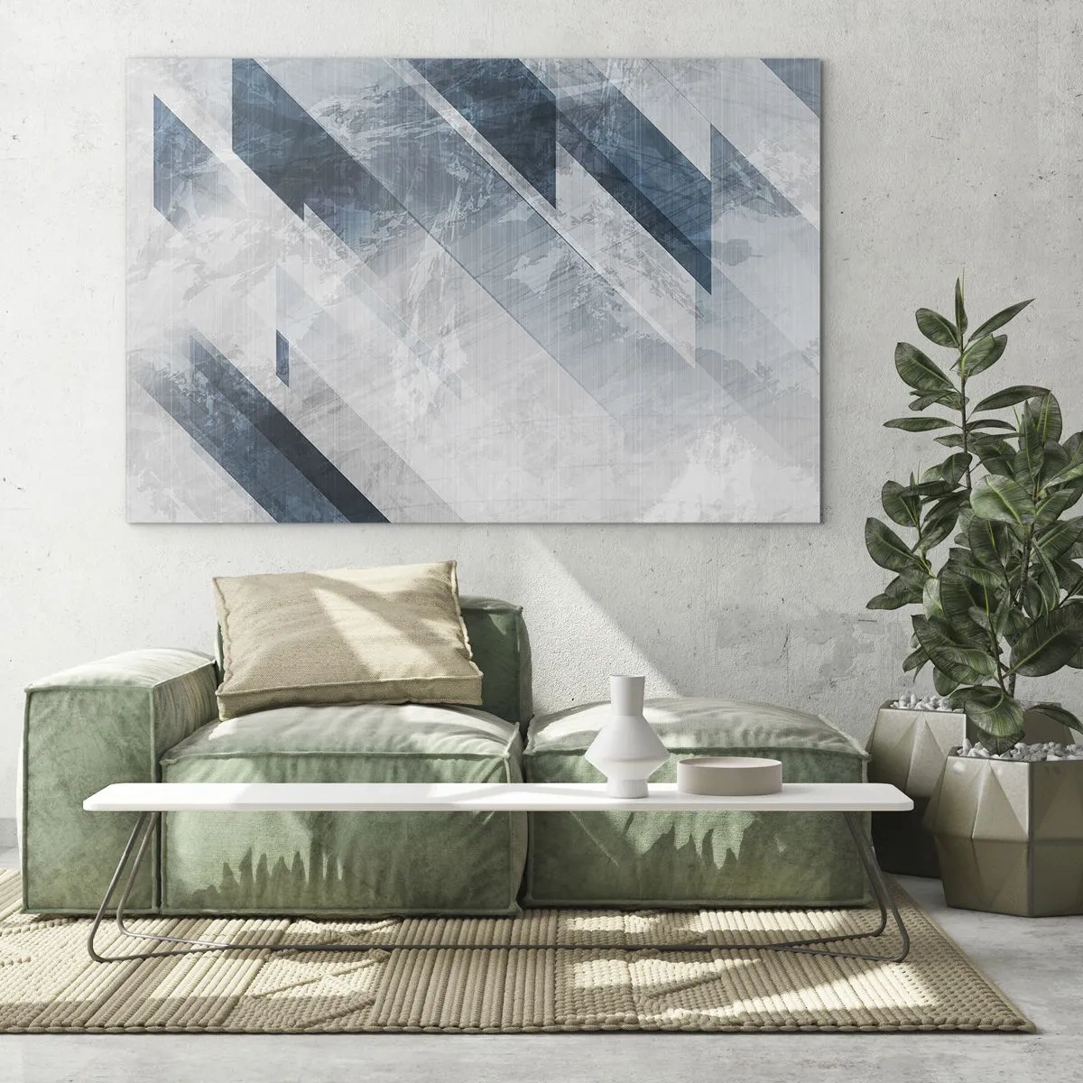 Schilderen op glas - Geometrische strepen in tinten grijs en marineblauw - 70x50cm - Ruimtelijke compositie - grijze beweging - Moderne wanddecoratie voor woonkamer en slaapkamer ARTTOR