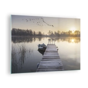 Schilderen op glas - Ochtend aan het meer met een pier - 70x50cm - Ik ben zo terug - Moderne wanddecoratie voor woonkamer en slaapkamer ARTTOR