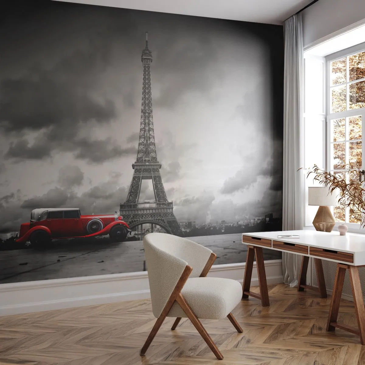 Zelfklevend Fotobehang Deluxe Sticker - Nog niet zo lang geleden in Parijs - Automobiel, Eiffeltoren, Parijs - 250x175 cm