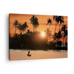 Schilderen op canvas - Zonsondergang boven palmbomen en een kalm meer met een boot - 70x50cm - Tijd om te ontspannen - Moderne wanddecoratie voor woonkamer en slaapkamer ARTTOR