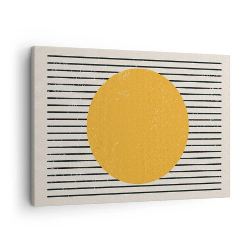 Schilderen op canvas - Een gele cirkel op een achtergrond van zwarte en witte horizontale lijnen - 70x50cm - De kracht van eenvoud - Moderne wanddecoratie voor woonkamer en slaapkamer ARTTOR